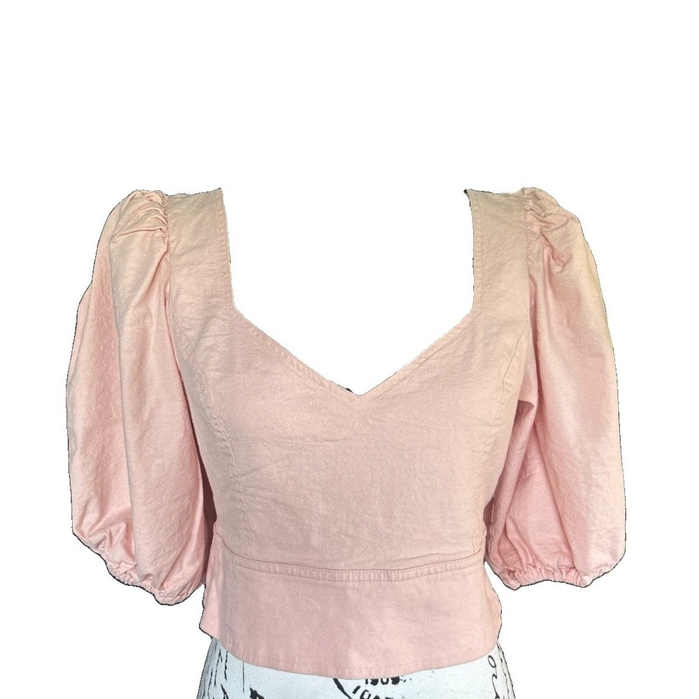 Express Puff Sleeve Sweetheart Neck Smocked Crop Top Blush Pink Large